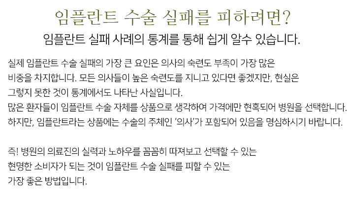 임플란트 실패 사례의 통계를 통해 쉽게 임플란트 수술 실패 피할 수 있습니다.